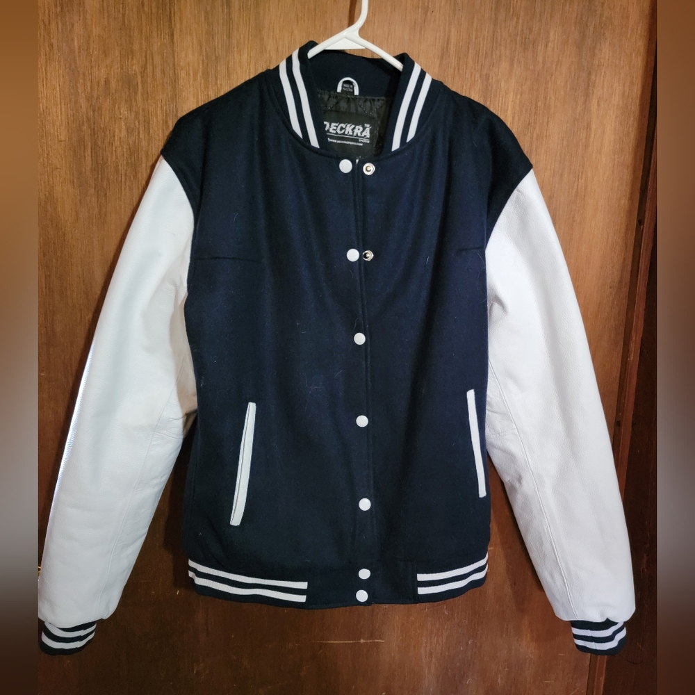 Women's Navy Blue and White Varsity Jacket Leather arms